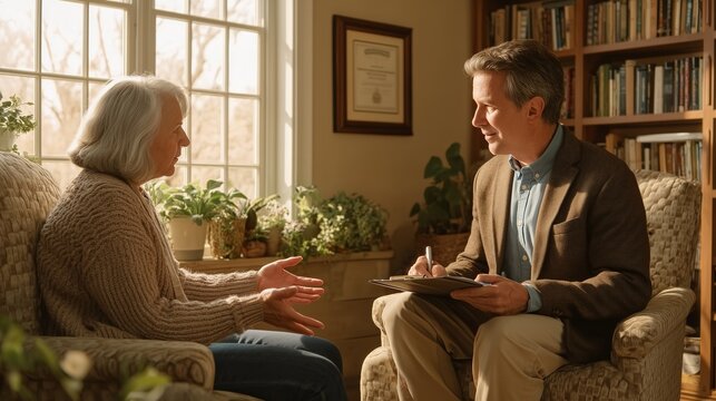 Elderly woman talking with therapist during counseling session in office
