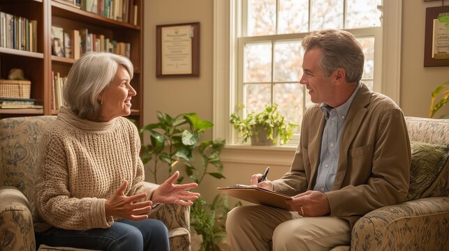 Senior woman talking to therapist during counseling session in office