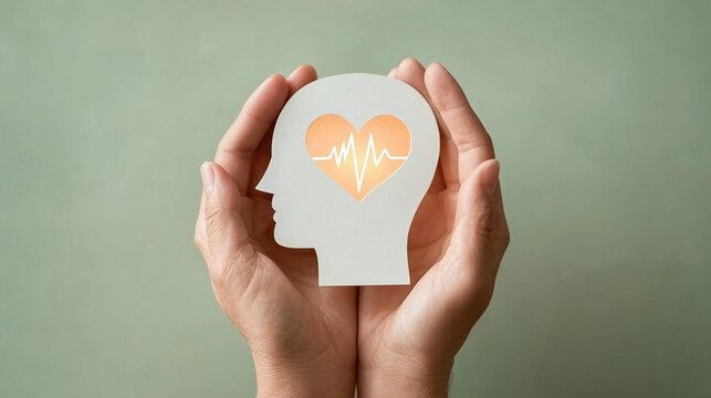 Hands holding paper human head with glowing heart and pulse for mental health awareness concept