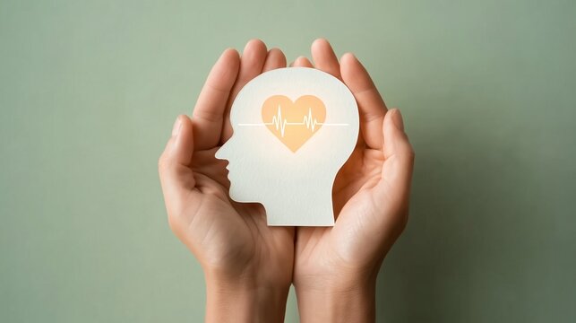 Hands holding human head silhouette with heart and heartbeat for World Mental Health Day concept