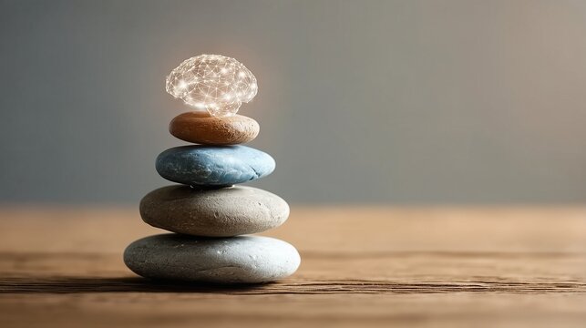 Glowing Brain On Balanced Zen Stones For Mindfulness And Psychological Harmony