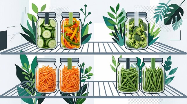 Glass jars filled with colorful vegetables on metal wire shelves surrounded by decorative green leaves in vector style