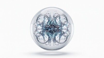 Fototapeta premium Futuristic quantum computer core in glass sphere, metallic node network sphere, artificial intelligence tech visual for science concept