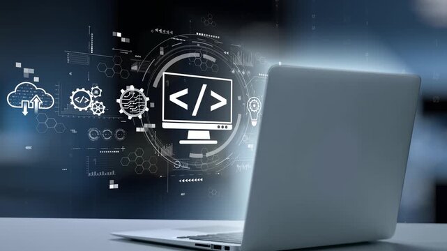 A sleek laptop displaying a coding interface surrounded by abstract digital elements, representing technology, programming, and innovation in a modern workspace. Salient