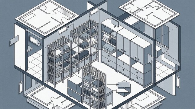 Isometric blueprint illustration of retail store interior with storage shelving