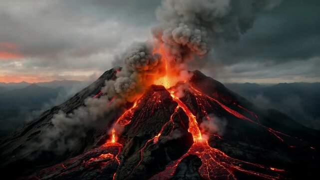 Volcanic Eruption with Lava Flows and Smoke Plume at Dusk in Mountainous Terrain Cinematic Natural Disaster Footage