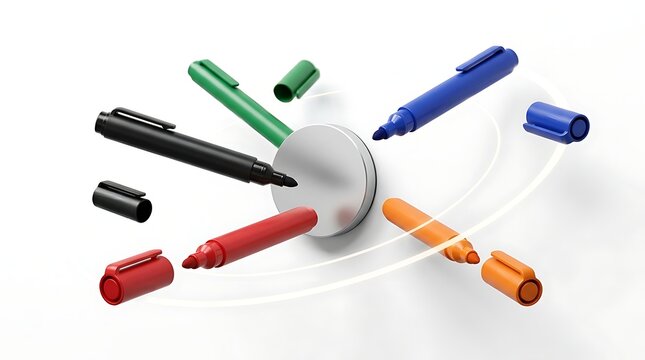 Colorful markers and pens floating around whiteboard for creative office presentation