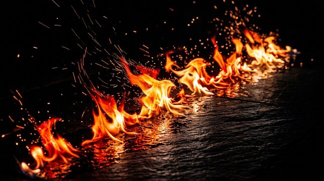 Beautifully captured slow-motion footage of fiery embers and flames igniting and dancing across a dark, reflective surface, creating a mesmerizing visual spectacle