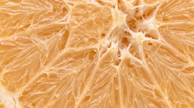Macro close up of a fresh grapefruit slice showing juicy pulp texture