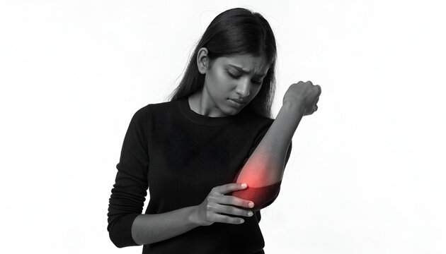 Woman Experiencing Elbow Pain and Joint Discomfort, Black and White Healthcare Concept