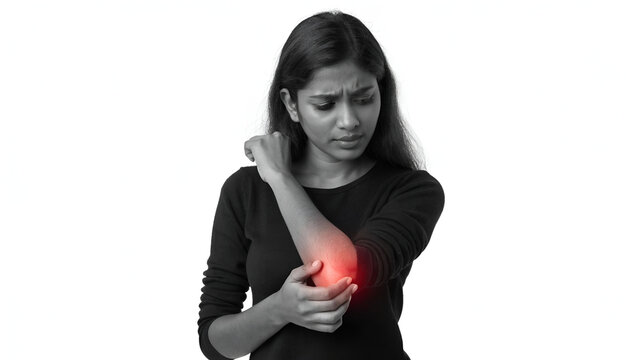 Woman Experiencing Elbow Pain and Joint Discomfort, Black and White Healthcare Concept