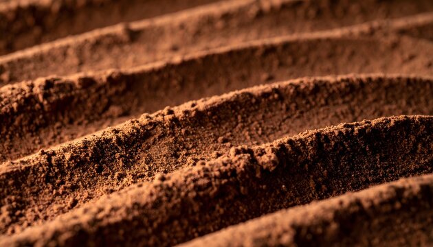 Rich textured cocoa powder with artistic ripples, creating an inviting and warm culinary backdrop for baking, dessert preparations, and beverage garnish