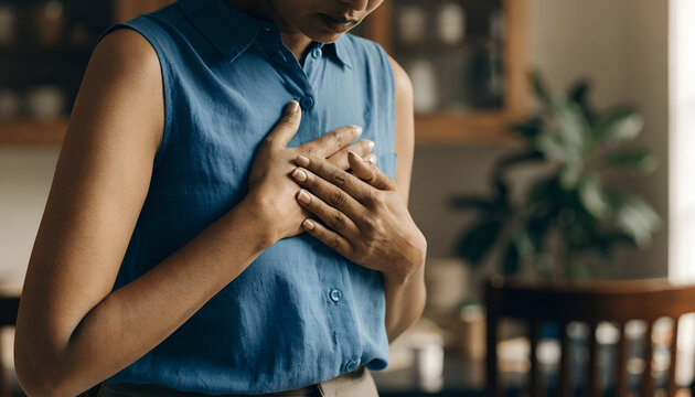 Indian Woman Experiencing Chest Pain and Discomfort at Home, Cardiovascular Health Concept