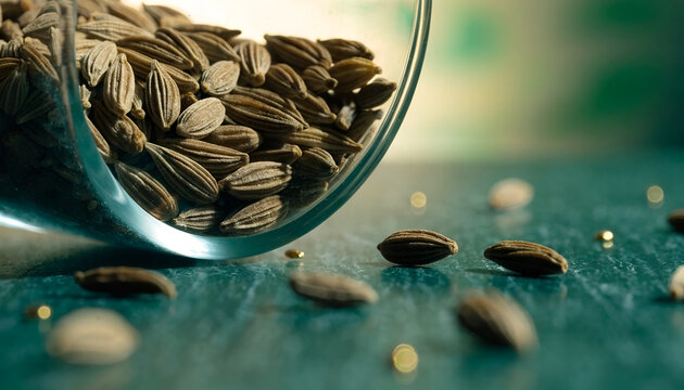 Cumin Seeds Spilled from a Glass Jar on a Rustic Surface &ndash; Culinary Spice and Ingredient Concept