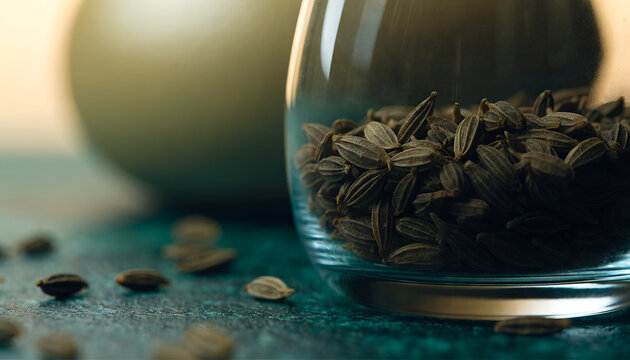 Cumin Seeds Spilled from a Glass Jar on a Rustic Surface &ndash; Culinary Spice and Ingredient Concept
