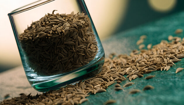 Cumin Seeds Spilled from a Glass Jar on a Rustic Surface &ndash; Culinary Spice and Ingredient Concept