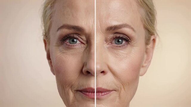 Woman Closing Eyes in before and after Split Screen Portrait Against Beige Studio Background Cinematic Beauty Concept