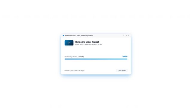 Clean 2D generic UI motion graphics showing a floating task window transcoding media and rendering video with a thumbnail preview, blue progress bar, and blue ambient shadow, transitioning to a green