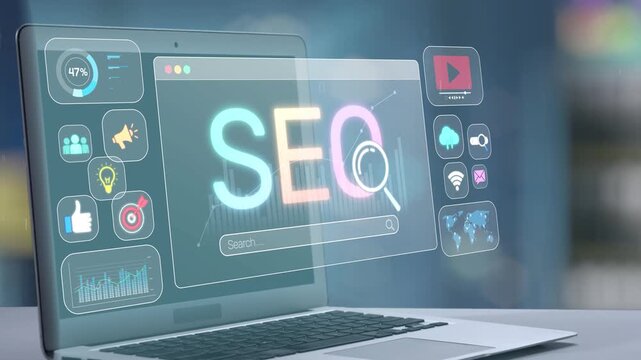 A sleek laptop showing colorful SEO graphics and icons, highlighting the importance of digital marketing strategies and data analysis in today online landscape. Salient