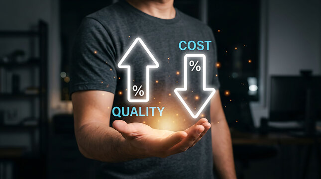 Businessman holding high quality and low cost arrow icons balance concept