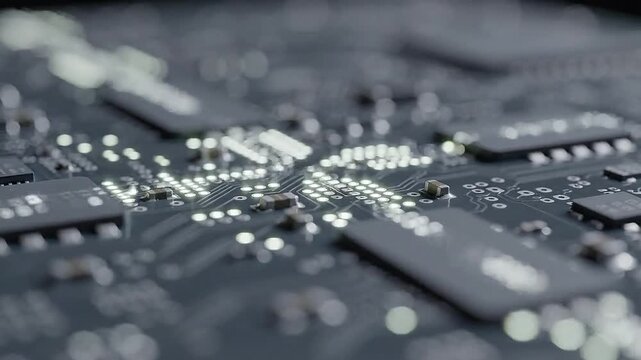 Data signals traversing circuit board with glowing microchips and elec