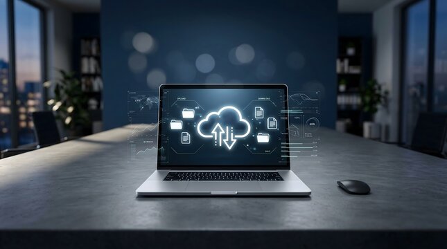 Modern laptop displaying cloud computing and data storage interface technology
