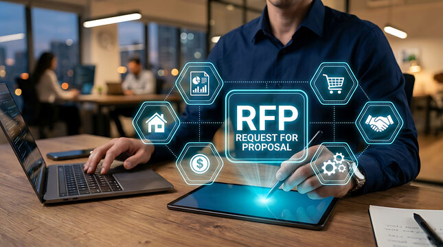 Businessman working on RFP request for proposal digital interface online concept