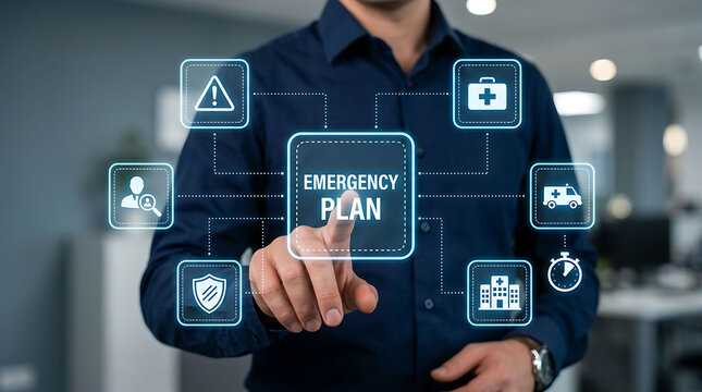 Businessman touching emergency plan interface for crisis management and safety