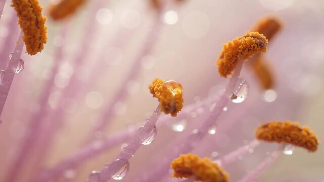 Dew droplets tremble on flower filaments in macro close up