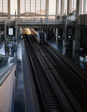 Passenger Train at Large Modern European Railway Station