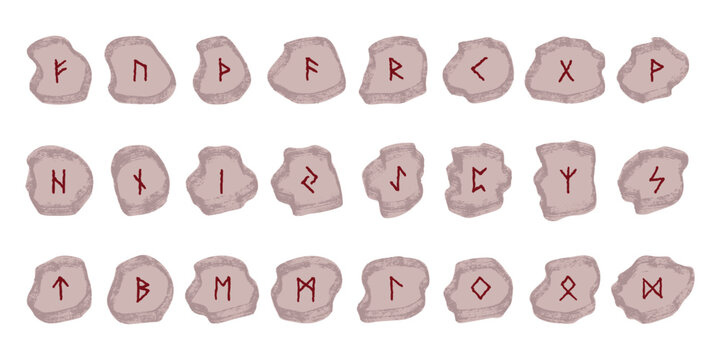 Set of hand drawn viking runes Rune stones with ancient norse alphabet characters engraved on them Scandinavian futhark germanic celtic Single element for design, print, web, decor