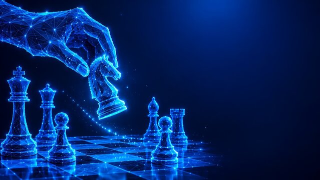 Abstract digital wireframe of a person playing a chess game on a chessboard. analog profession with board game chessboard strategy checkmate wireframe abstract. analog profession