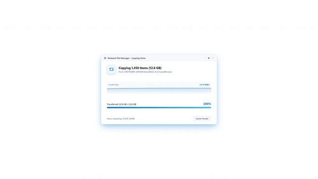 Clean 2D generic UI motion graphics showing a floating task window performing a network file transfer with a real-time transfer speed graph, blue progress bar, and blue ambient shadow, transitioning t