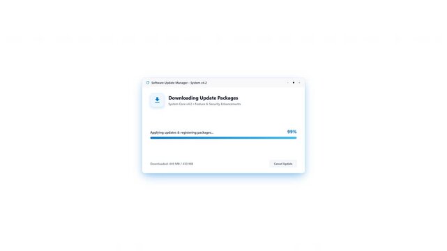 Clean 2D generic UI motion graphics showing a floating task window downloading software update packages with a blue progress bar and blue ambient shadow, transitioning into a green installation comple