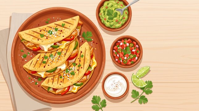 An illustrated plate of crispy Mexican quesadillas filled with melted cheese and chicken, served with guacamole, salsa, crema, lime, and fresh cilantro on a wooden table.   