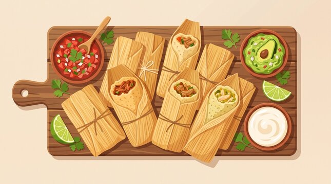 An illustrated wooden serving board of traditional Mexican tamales wrapped in corn husks, accompanied by bowls of salsa, guacamole, and crema.   
