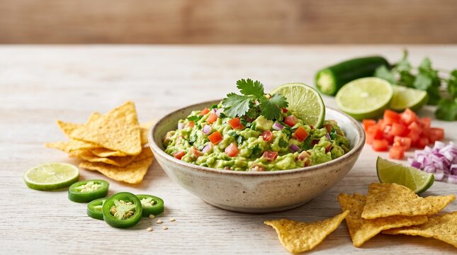 A bowl of freshly prepared guacamole served with crispy tortilla chips, lime wedges, diced tomatoes, onions, jalape&ntilde;os, and cilantro on a wooden surface.   