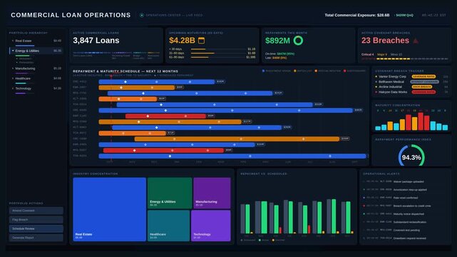 Explore a sophisticated dark-mode commercial loan operations dashboard featuring live financial data, KPI insights, and an intuitive user interface designed for modern financial analysis.