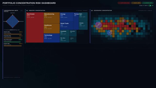Explore a sophisticated dark-mode lending portfolio concentration dashboard with dynamic visualizations showcasing industry, geography, borrower, and product risk exposure metrics.