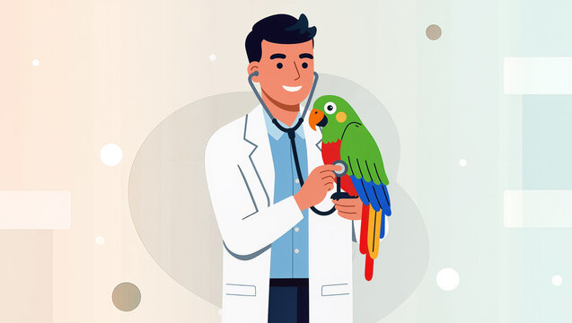 Flat vector illustration of an exotic animal vet examining a parrot, clean pet-care design