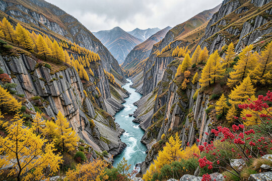 Dramatic Autumn Canyons with Golden Larches and Flowing River