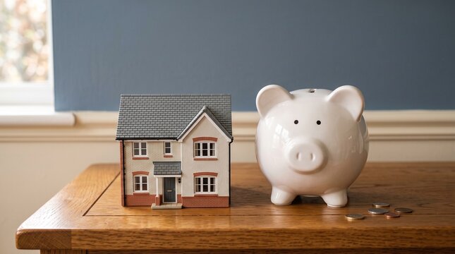 Model house and white piggy bank on wooden table for property investment and savings concept
