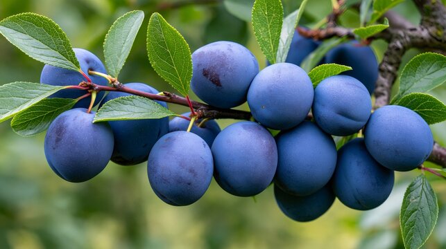 Ripe purple plums growing on a tree branch