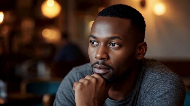 A thoughtful young man with a contemplative expression sits in a softly lit room, resting his chin on his hand while gazing into the distance.	video

