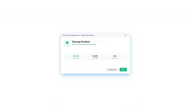 Clean 2D generic UI motion graphics showing a floating task window performing system disk cleanup and storage optimization with a blue progress bar and blue shadow glows, transitioning into a green co