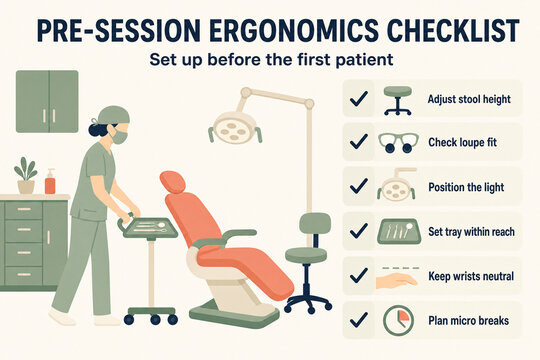 Dentist's Ergonomics Checklist: A medical professional sets up a dental operatory according to an ergonomics checklist, ensuring proper patient care and equipment positioning.