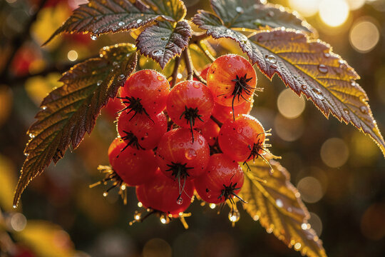 Bright Scarlet Rowan Berries Hanging from Branches with Morning Dew Drops