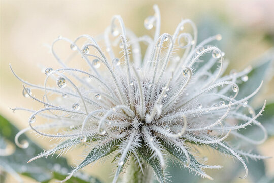 Macro Shot of Silvery Feathery Wild Clematis Seedhead with Dew Drops
