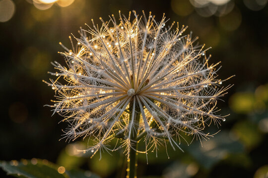 Backlit Wild Clematis Seedhead with Morning Dew Drops in Golden Autumn Light