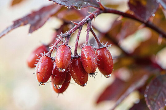 Pendant Coral Red Barberry Fruit Clusters With Morning Frost And Dew